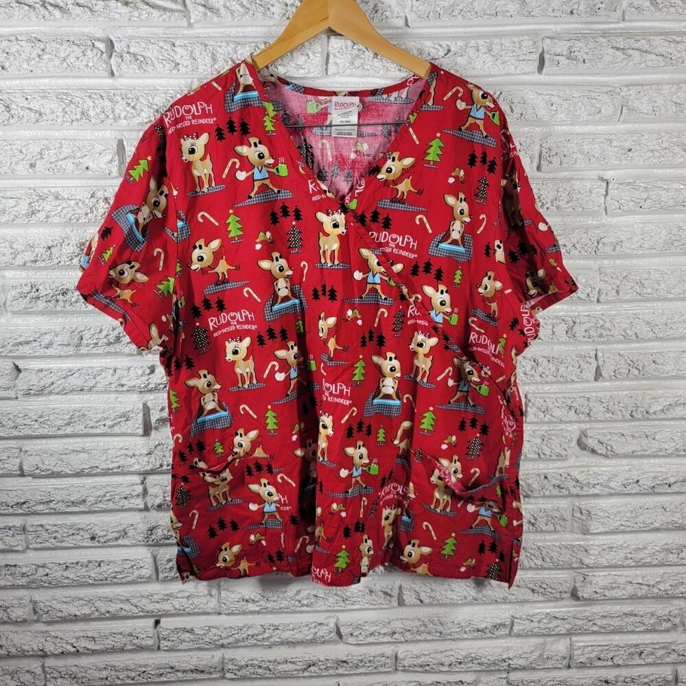 Christmas Rudolph Reindeer Unisex 3X Scrub Top Red Pockets Cotton Holiday NOV20E
